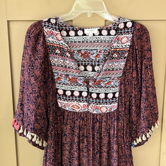 Umgee Bohemian Peasant Tassel Mixed Print Yoke Collar Tunic Top Sz S - Picture 2 of 8